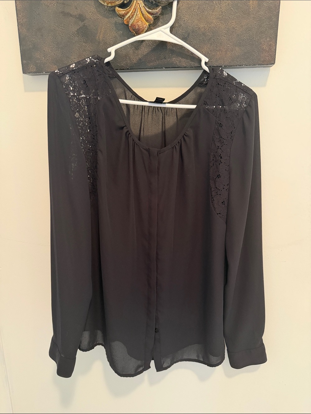 Worthington Black Lace-Shoulder Long-Sleeve Blouse, Size L